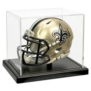 lot 5570 image: Mini Helmet Acrylic Display Case for 12 Scale Helmets, Solid Wood Base