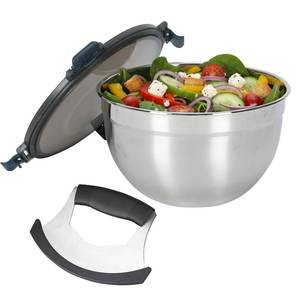 lot 5573 image: Duimbok Stainless Steel Salad Chopper Bowl, 4000ML Large Salad Bowl with Leakproof Lid, Vented Snap Lock Mixing Bowl, Stackable Food Storage Container with Pizza Cutter for Prep, Serving, Leftovers