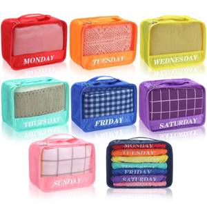 lot 6417 image: Yeyeplum Days of Week Packing Cubes Summer Camp Essentials Weekly Organizer Storage Bag School Clothes for Travel Kids Family(9x7x3inch,Rainbow,8)