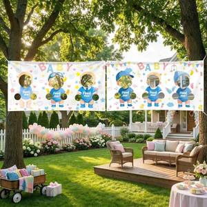 lot 6421 image: APUDWN 2 Pcs Feed The Baby Game Baby Shower Game Backdrop Funny Blindfolded Feeding Me Game Banner Juegos Para Baby Shower for Gender Reveal Wedding Party Activities for Guests Photo Booth Props (Boy)