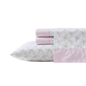 lot 6479 image: Laura Ashley - Twin Size Sheet Set, Crisp Cotton Percale Bedding with Printed Hem Pillowcase, Fully Elastic Fitted Sheet, Deep Pocket, Pink Room Decor (Lynda Pink)