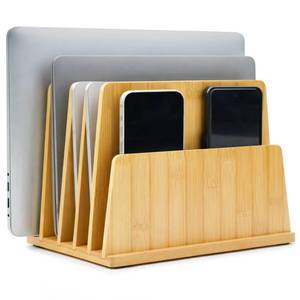 lot 7249 image: Unittype Bamboo Multi Device Organizer, 5 Slots Vertical Laptop Storage Rack, Computer Charging Station for Smartphones, Tablets and Laptops, Space Saving Organizer for Home Office
