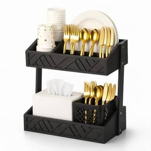 lot 7254 image: Geelin 2 Tier Paper Plate Dispenser Wood Rustic Paper Plate Holder for Countertop Silverware Utensil Caddy Cutlery Flatware Organizer Rack for Cups Spoons Forks Napkins, Kitchen Accessories, Black