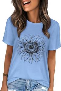 lot 8277 image: T Shirts for Women Short Sleeve Graphic Basic Tees, Sky Blue Sunflower, 3XL