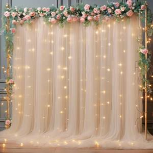 lot 8293 image: 10x10ft Champagne Tulle Backdrop Curtain with Lights String for Parites, Sheer Backdrop Curtains for Wedding Baby Shower Birthday Party Photo Shoot Decorations