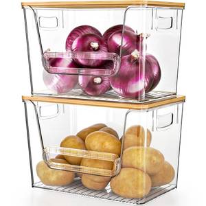 lot 8303 image: Delamu 2 Set Pantry Organizers and Storage, Trash Bag Holder Under Sink Organizer for 4-13 Gal Bags, Trash Bag Dispenser with Bamboo Top for Onion, Potato, Garlic, Clear (11-732L7 W7-18H)