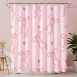 lot 8313 image: Haull Pink Bow Shower Curtain for Bathroom Coquette Preppy Curtain Decorations with 12 Hooks Pink Bow Aesthetic Bathroom Decor Waterproof Shower Accessories, 72 x 71 Inch