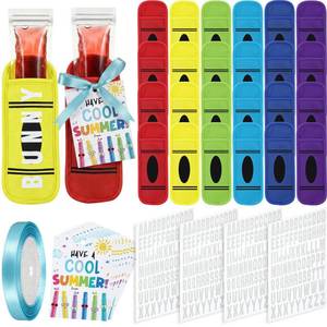 lot 8331 image: LemonRoad 24 Sets End of Year Gift Includes 24 Pcs Reusable Ice Lolly Sleeves, End of the Year Gifts Ice Pop Sleeves, with A-Z Heat Transfer Letters Cards Ribbon for Prizes Summer Party(Crayon)