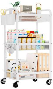 lot 11698 image: YASONIC 3 Tier Metal Rolling Cart, White Utility Storage Cart with Wheels