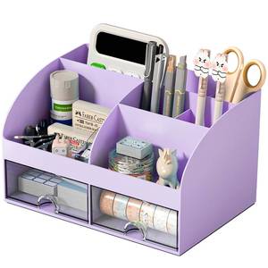 lot 11714 image: COMFYROOM Desk Organizer with 6 Compartments and 2 Drawers, Plastic Makeup Organizer, Pen Holder for Desktop Storage, Desk Organization for School, Home, Office Supplies (Purple)