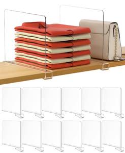 lot 11715 image: HBlife 12 Inches Tall Extra Tall Version Clear Shelf Dividers, 12 Pack Purse Organizer for Closet Perfect for Sweater, Shirts, Handbags, Acrylic Adjustable Bookshelf for Organization