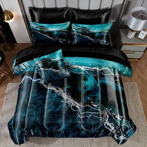 lot 11733 image: Bedorm Blue Marble Comforter Set Queen Silky Satin Bed in A Bag Black Marble Stone Abstract Texture Silk Like Black Satin Bedding Set with Comforter and Sheet Set (Slight Use)
