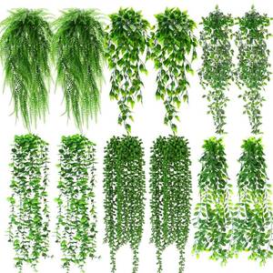 lot 11743 image: Daifunli 12 Pcs Artificial Hanging Plants Fake Hanging Ferns Plastic Fake Plant for Wall Room Garden Garland Indoor Outdoor Decor No Basket (Eucalyptu,Mandala,Boston,String of Pearl,Podocarpu,Pothos)