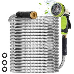 lot 11753 image: Higen Metal Garden Hose 100FT - Heavy Duty Stainless Steel Metal Water Hose With 10 Function Nozzle, Lightweight, No Kink, Durable and Leak Proof Flexible Garden Hose for Yard, Outdoor (Used)