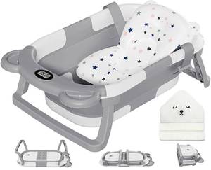 lot 11773 image: MoreFeel Collapsible Baby Bathtub for Newborn with Thermometer & 1 Hooded Towel & 1 Soft Floating Cushion,Portable Travel Bathtub with Drain Hole, Durable Foldable Baby Tubs for Infants to Toddler