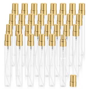lot 12213 image: Mirrline 30 Pcs 10ml0.34oz Mini Spray Bottle Glass Fine Mist Perfume Atomizer Empty Sample Containers with Golden Lids for Travel Cleaning Essential Oils