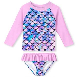 lot 12236 image: Girls Rash Guard Swimwear 3-4T 3D Print Shining Mermaid Scales Summer Beach Swimsuit Long Sleeve Quick Drying Sun Protection Bikini Shirt and Bottom