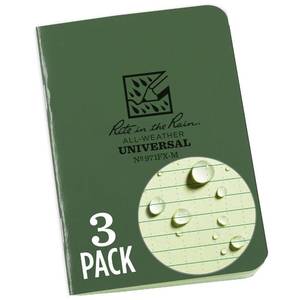 lot 12237 image: Rite in the Rain Weatherproof Mini Stapled Notebook, 3.25 x 4.625, Green Cover, Universal Pattern, 3 Pack (No. 971FX-M)