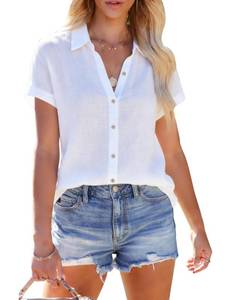 lot 12242 image: Linen Shirts for Women Short Sleeve Button Down Shirts Casual Solid Blouse Vacation Beach Summer Tops Concert Outfit - White S. (Used)
