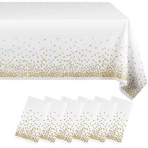 lot 12255 image: Eleclassi White and Gold Dot 6 Pack Premium Disposable Plastic Tablecloth 54 x 108 in - Polka Dot Plastic Table Cloth Disposable Tablecloth for Rectangle Table up to 8 Feet (Only 5)