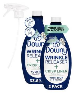 lot 12316 image: Downy Wrinkle Releaser Spray, All In One Formula, Removes Wrinkles, Static and Odor Eliminator, Crisp Linen Scent, 33.8 Fl Oz, Pack of 2 (Packaging May Vary) (Missing One And Spray Nozzle)