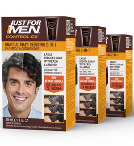 lot 12331 image: Just for Men Control GX Grey Reducing 2-in-1 Shampoo and Conditioner, Gradual Color with Keratin for Stronger Thicker and Healthier Looking, 4 Fl Oz - Pack of 3