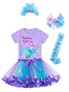 lot 12332 image: Doctor Unicorn Birthday Girls Mermaid Outfit Set Costume Tutu Skirt Dress, Mermaid Birthday Shirt, Headband & Satin Sash (Purple-1, 3-4 Years)
