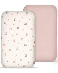 lot 12334 image: Muslin Bedside Bassinet Sheets 2 Pack, 33 X 20, (Vintage Blossom & Pink)