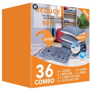 lot 13378 image: GONGSHI Vacuum Storage Bags, Space Saver Seal Bags For Clothing, Travel Luggage,Blankets, Comforters, Pillows, Clothes Storage.36 Combo