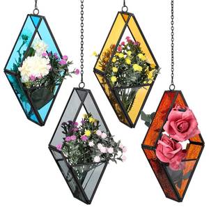 lot 13379 image: Hushee 4 Pcs Stained Glass Hanging Plant Terrariums Hanging Glass Planter Air Plant Holders with Chain for Window Christmas Home Decor Gifts for Mom Women, 7.87 x 3.94 x 1.97 Inch(Cute Color)