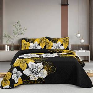 lot 13383 image: DJY Black Quilt Set King Gold Floral Pattern Quilt Coverlet Set Gorgeous Boho Bedspread with 2 Pillow Cases Soft Microfiber Botanical Bedding Quilt Set for All Season (3 Pieces, 104x 90)