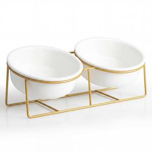 lot 13396 image: Elevated Dog Bowls for Small Dogs - 2 Ceramic Bowls with Gold Iron Stand - Raised Pet Dish Set for Food and Water - Comfortable Feeding