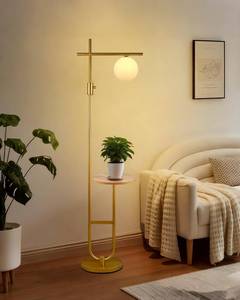 lot 13403 image: Lightdot 66IN Gold Dimmable Floor Lamps with Table, Modern Standing Tall Lamp with Globe Lampshade, Cross-Shaped Lamp Head U-Pole Base for Living RoomBedroomSofa BesideCorner Decor(Bulb Included)