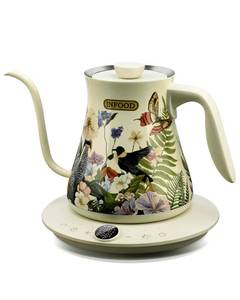 lot 13410 image: INFOOD 0.8L Gooseneck Electric Kettle, Precise Temperature Control for Pour Over Coffee & Tea, 1200W Fast Boiling Water, Auto Shut Off, Scheduling, Stainless Steel, Floral Painted Design