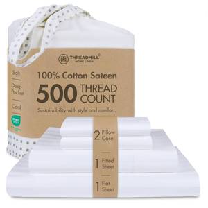 lot 14152 image: Threadmill 500TC Cotton Full Sheet Set, Sateen, Damask Stripe, White