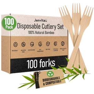 lot 14160 image: Jenvita 100% Bamboo Forks Set - High End Disposable Cutlery (100 Biodegradable Forks)  Reusable or Disposable Bamboo Utensils  Compostable FSC Certified Flatware for Weddings, Camping, Parties