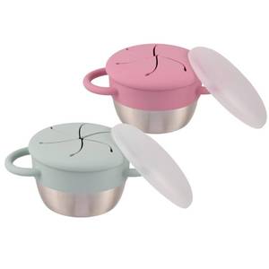 lot 14167 image: Elk and Friends Stainless Steel Snack Cups  Removable Silicone Food Catcher and Travel Lid  Spill-Proof Snack Containers for Baby, Toddler, Kids  Dishwasher Safe  2 Pack