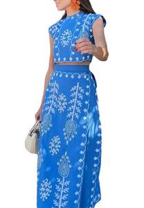 lot 14208 image: THLAI Womens Bohemian Floral Printed 2 Piece Set Crop Tank Top & Beach Party Maxi Dress Set Outfit Blue