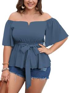 lot 14230 image: SCOMCHIC Womens Plus Size Off The Shoulder Peplum Blouse Top Half Bell Sleeve Tie Waist Ruffle Hem Babydoll Tops Grey Blue XL