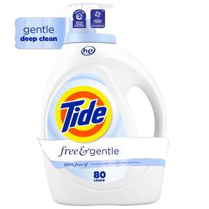 lot 19761 image: Tide Free & Gentle Liquid Laundry Detergent, 80 Loads, 105 fl oz, Tide Laundry Detergent, Clean Laundry Detergent (Minor Leakage)
