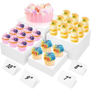 lot 19766 image: 10 Large Buffet Risers with Mini Signs, Table Risers, Buffet Risers and Stands, Acrylic Cube Display Box Riser for Catering Party Buffet Table Food Display, Dessert, Cakes - White, Set of 4 Boxes