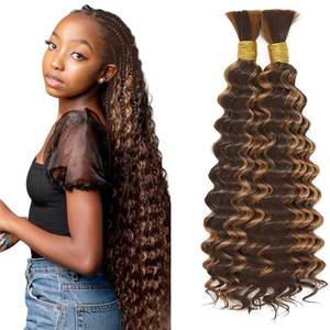 lot 20206 image: 430 Boho Human Hair Highlight Brown Boho Hair For Braiding Color p430 Deep Curly Wave Braids Bulk Ombre Brown Braids HuxoWax 14 14 Inch 100g