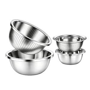 lot 20210 image: 3-Piece Stainless Steel Mixing Bowls and Microporous Colanders Set, 3QT & 5QT Nesting Bowls with Fine Drain Strainers for Washing Rice, Fruits, Vegetables, Pasta, and More