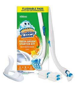 lot 20212 image: Scrubbing Bubbles Toilet Bowl Cleaning System with Flushable & Disposable Cleaner Refill Pads, Fights Odors and Helps Remove Limescale & Hard Water Stains, Citrus Scent, 1 Wand  4 Refills  1 Stand