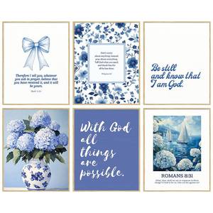 lot 20215 image: 6PCS Blue Bible Verse Wall Art Floral Christian Wal Decor Religious Hydrangea Canvas Wall Art for Living Room Christian Room Decor Preppy Scripture Posters Biblical Art Prints 8x10 Inch Unframed