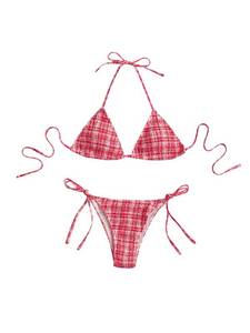 lot 20246 image: MakeMeChic Womens 2 Piece Bikini Sets Gingham Print Plaid Halter Triangle Tie Side Swimsuit Bathing Suit Red and White X-Small