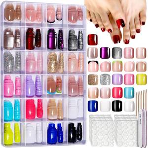 lot 20254 image: FANDAMEI Press On Toenails - 24 Colors Short Square, French Tips Cat Eye Toe Nail Press Ons for Women & Girls, Red Fake Toe Nails, Ombre Glossy Visual Effect
