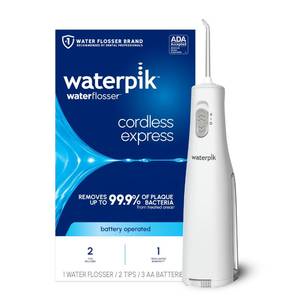 lot 20265 image: Waterpik Cordless Express Portable Water Flosser, 3 AA Batteries, White