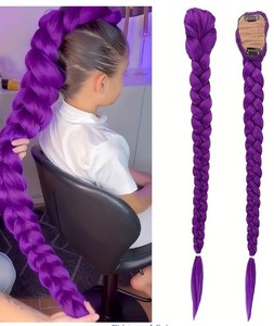 lot 6446 image: Kpop Anime Character Purple Long Hair Fishbone Braid Clip Ponytail Synthetic Wig High Temperature Fiber, Curly Wave, for Halloween and Christmas Costume (purple)