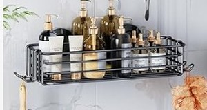 lot 14177 image: Shower Caddy Suction Cup with Hooks and Soap holder, BlackHeavy Duty Shower Organizer, No Drilling Bathroom Holder, Metal Storage Basket